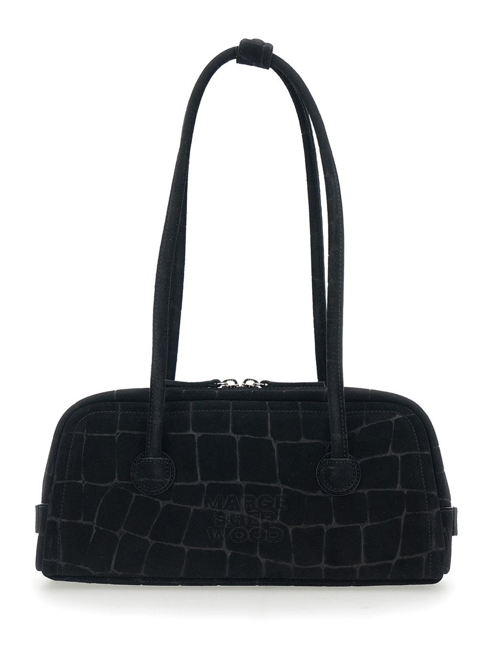 marge sherwood boston black shoulder bag with embossed logo lettering on the front in suede woman