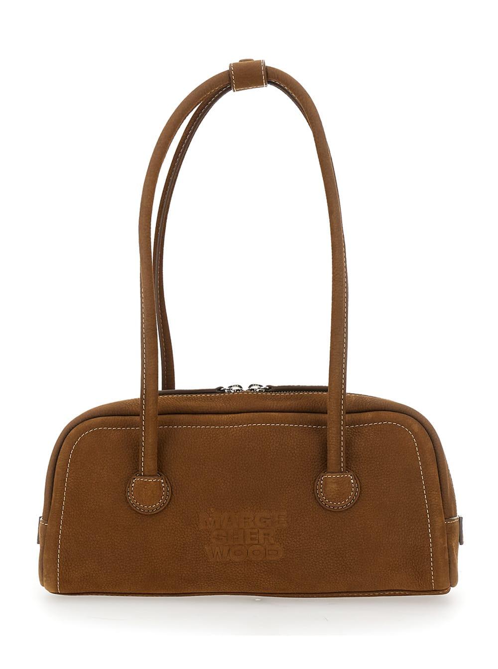 marge sherwood boston brown shoulder bag with embossed logo lettering on the front in leather woman