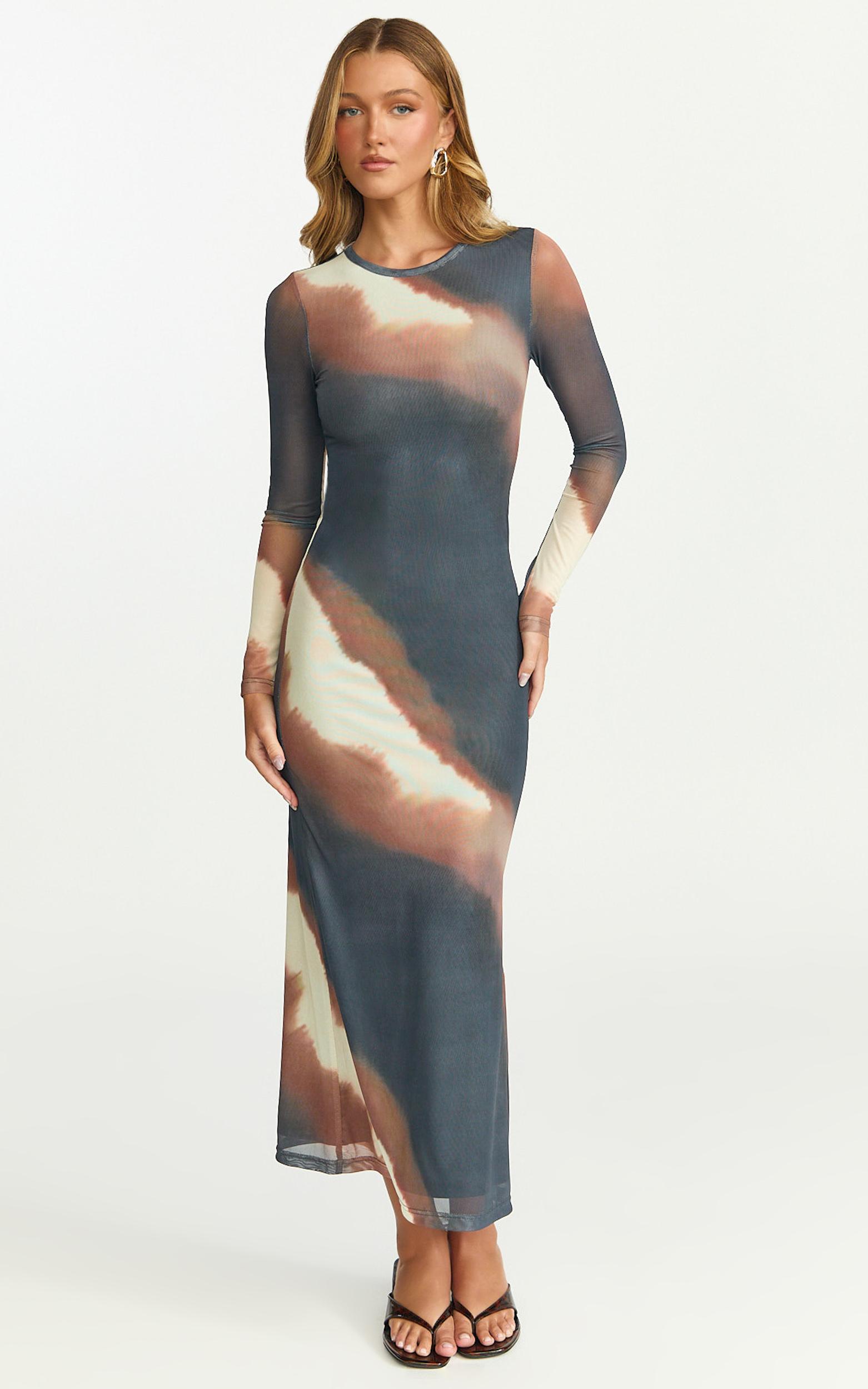 margot midi dress - high neck long sleeve mesh dress in rust print
