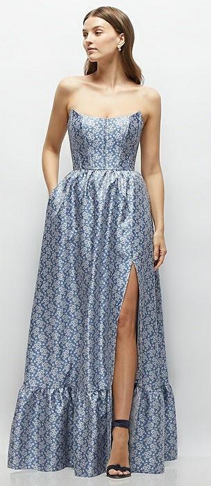 marguerite floral strapless cat-eye bodice maxi dress with ruffle hem