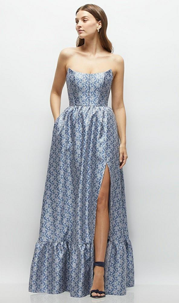 marguerite floral strapless cat-eye bodice maxi dress with ruffle hem