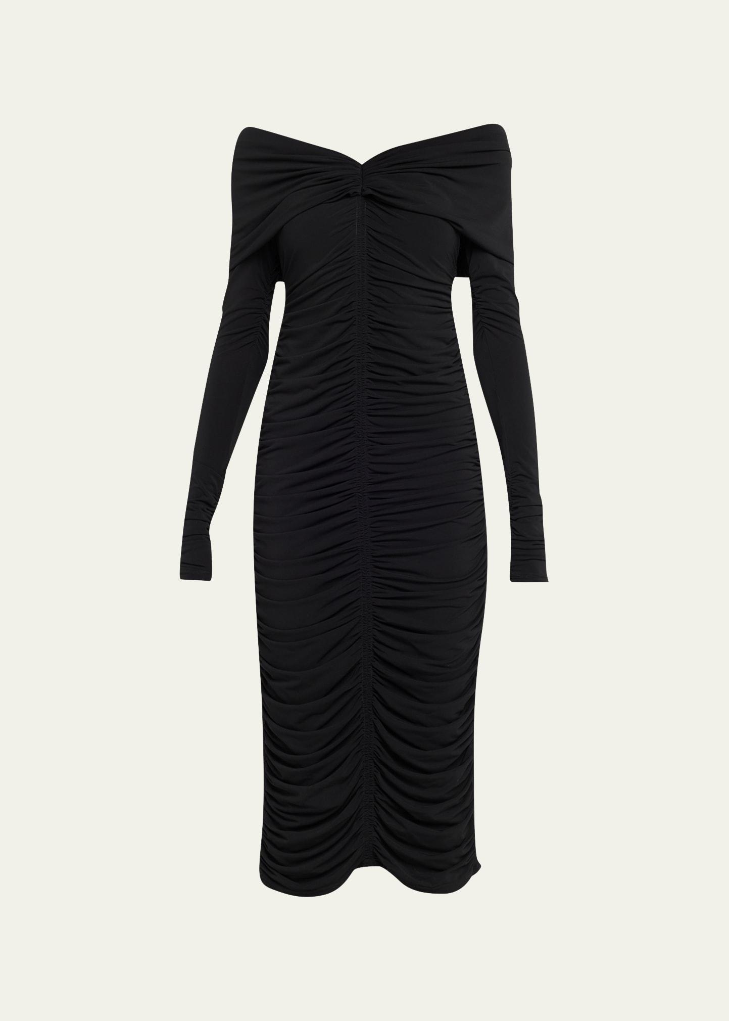 marie ruched off-the-shoulder midi dress