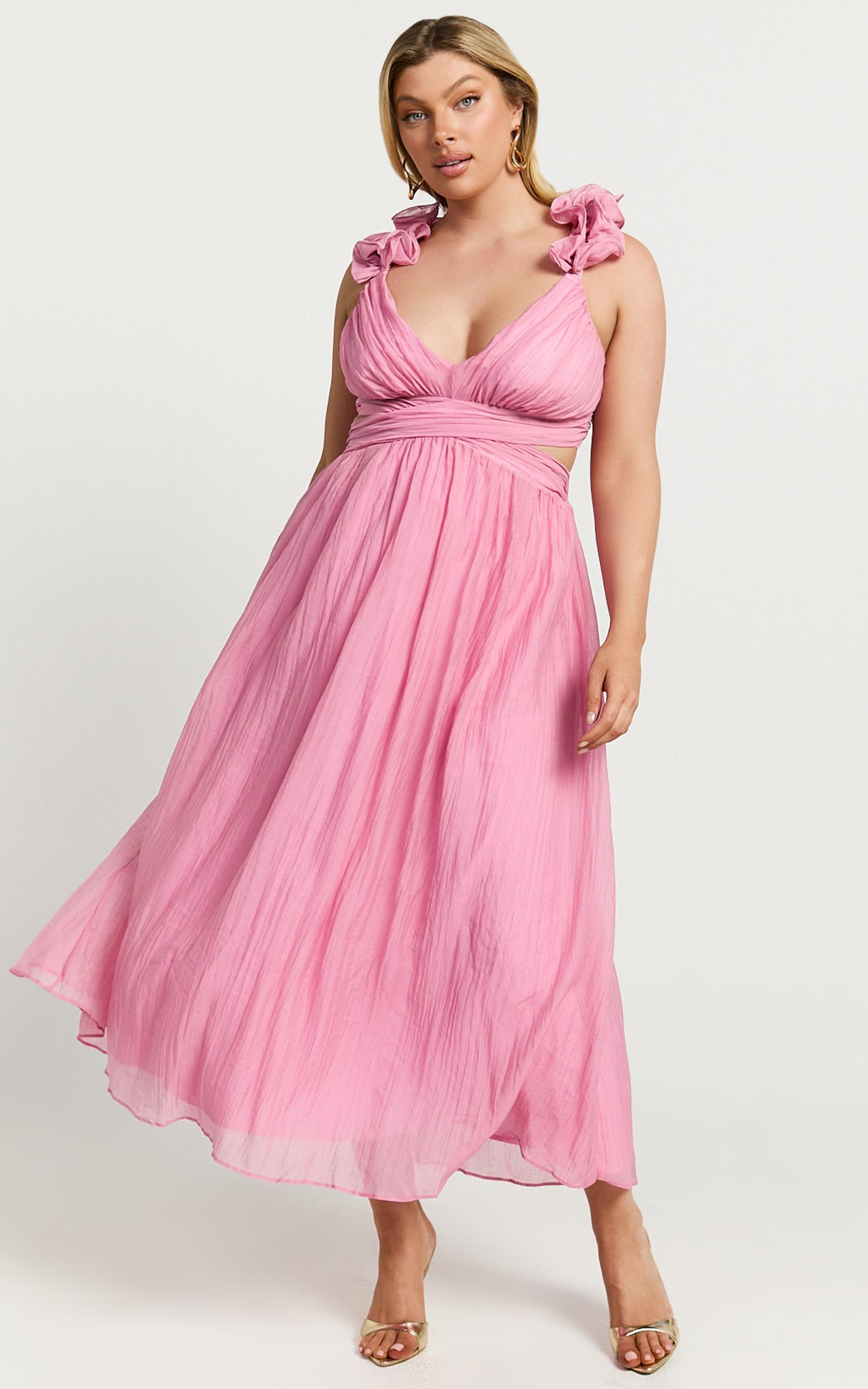 marielly midi dress - side cut out v neck ruffle detail sleeve dress in pink