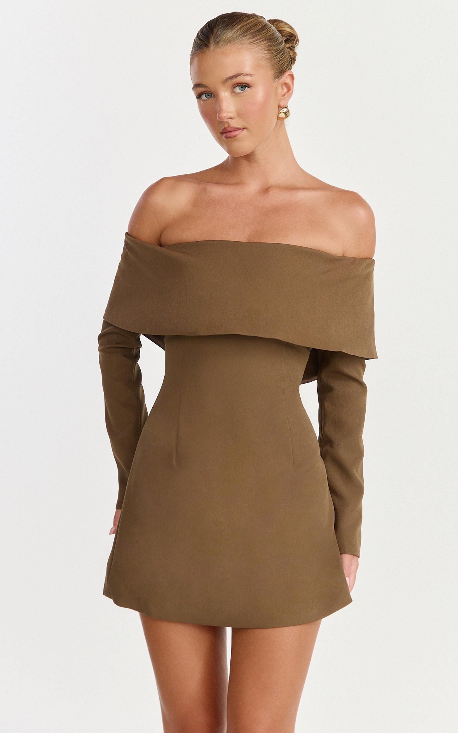 marigold mini dress - off shoulder long sleeve dress in mocha