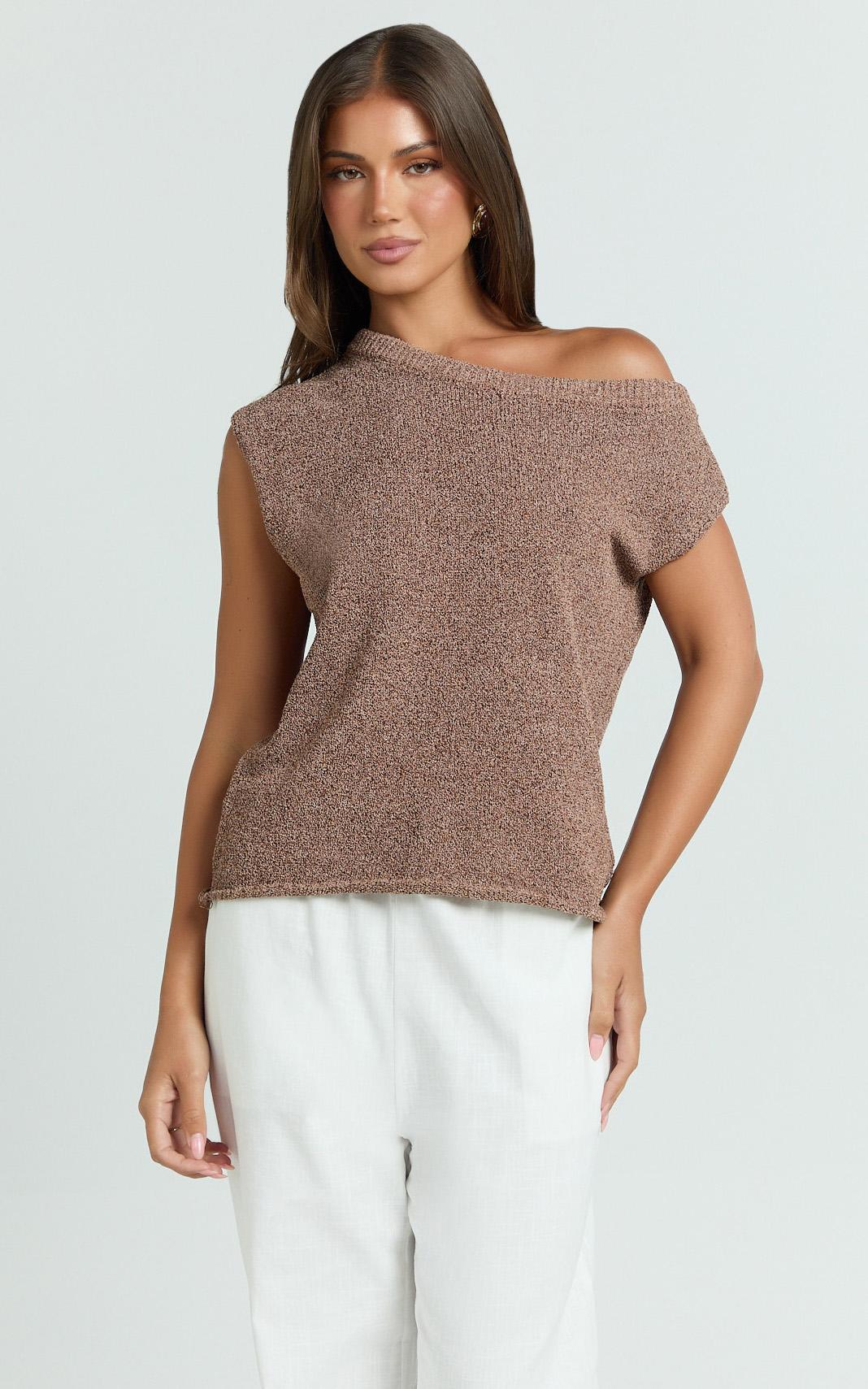 marilou top - knit off shoulder top in brown