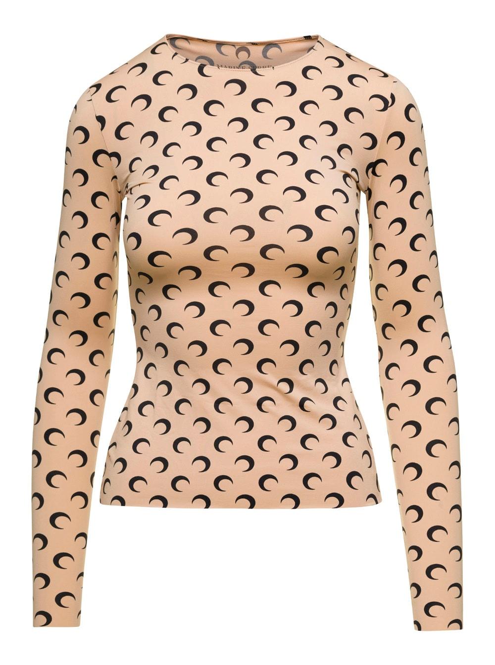 marine serre t-shirt crescent moon beige with all-over print in tech fabric stretch women