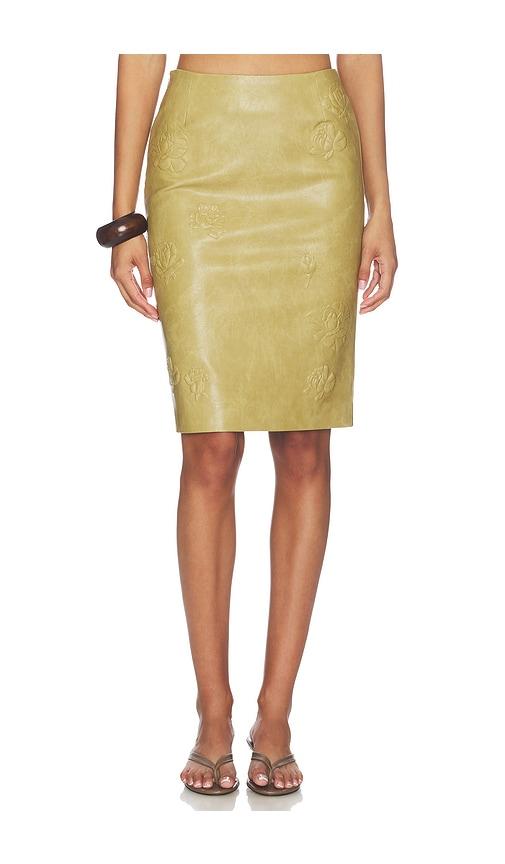 markgong dust faux leather floral imprinted pencil skirt in brown.