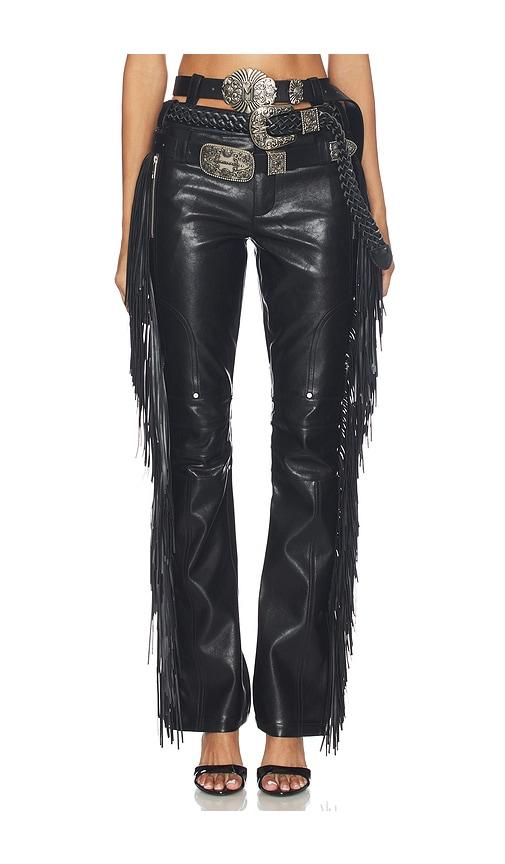markgong faux leather fringe pant in black.