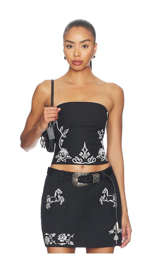markgong floral embroidered tube top in black.