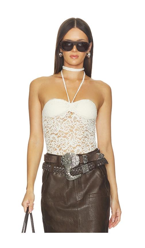 markgong lace halter neck bodysuit in white.