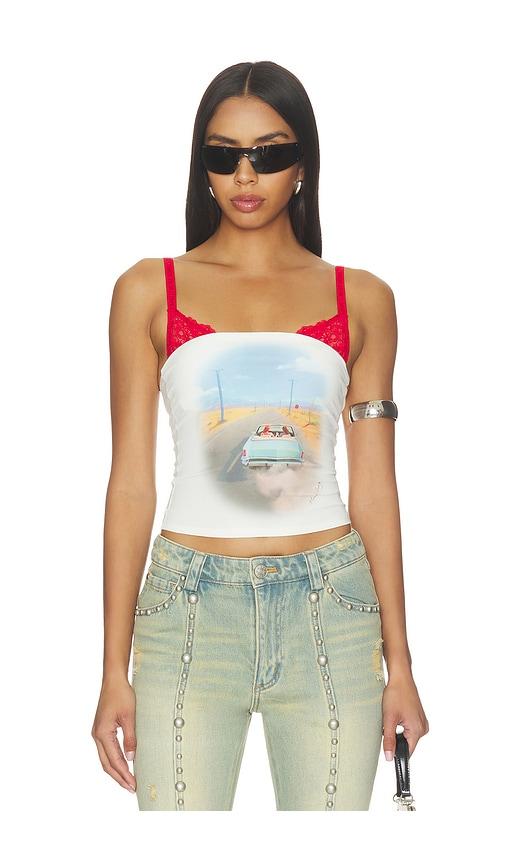 markgong loveride retro print tube top in white.