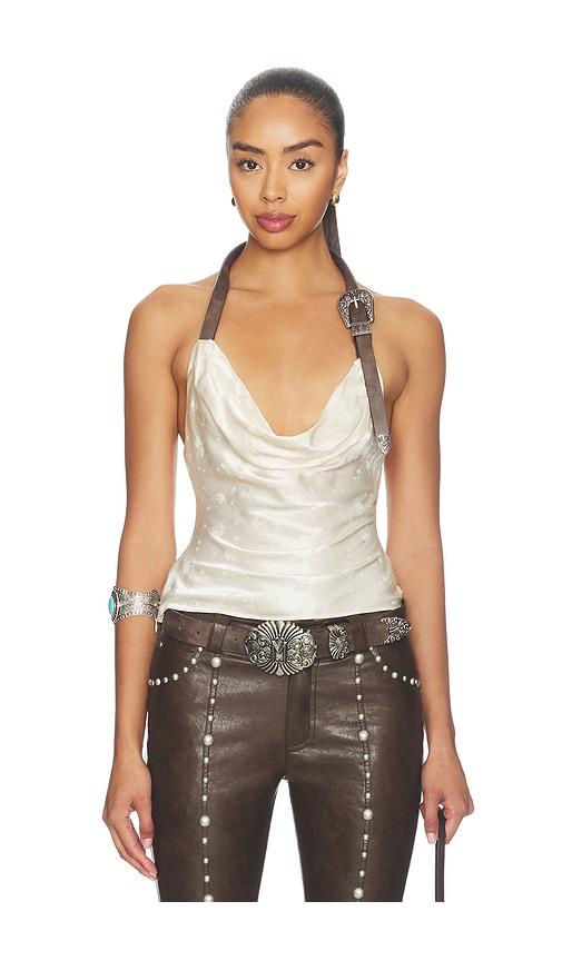 markgong metal buckle halter cowl neck top in white.