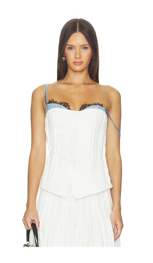 markgong strapless button up top with lace trim in white.