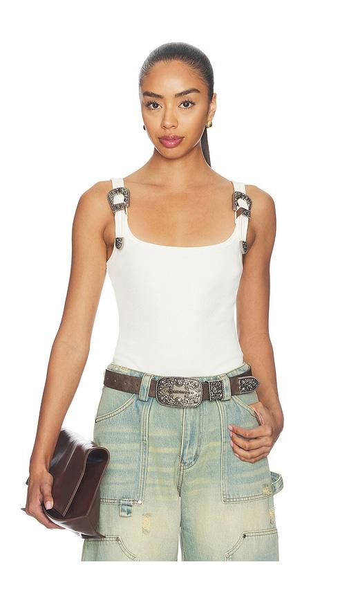 markgong tank top with metal buckle straps in white.