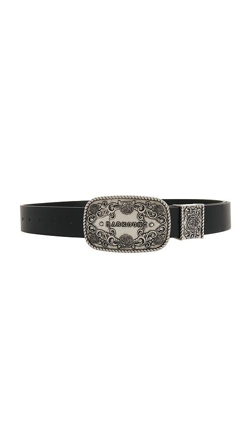 markgong vintage carved plate buckle belt in black.