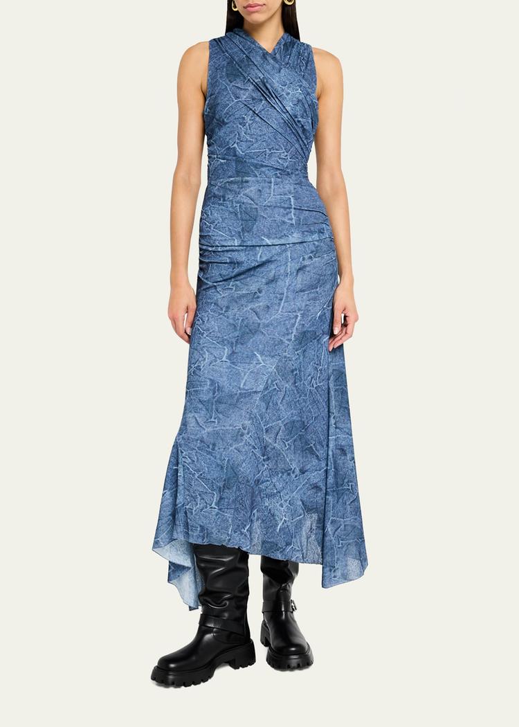 marl mesh ruched crossover midi dress