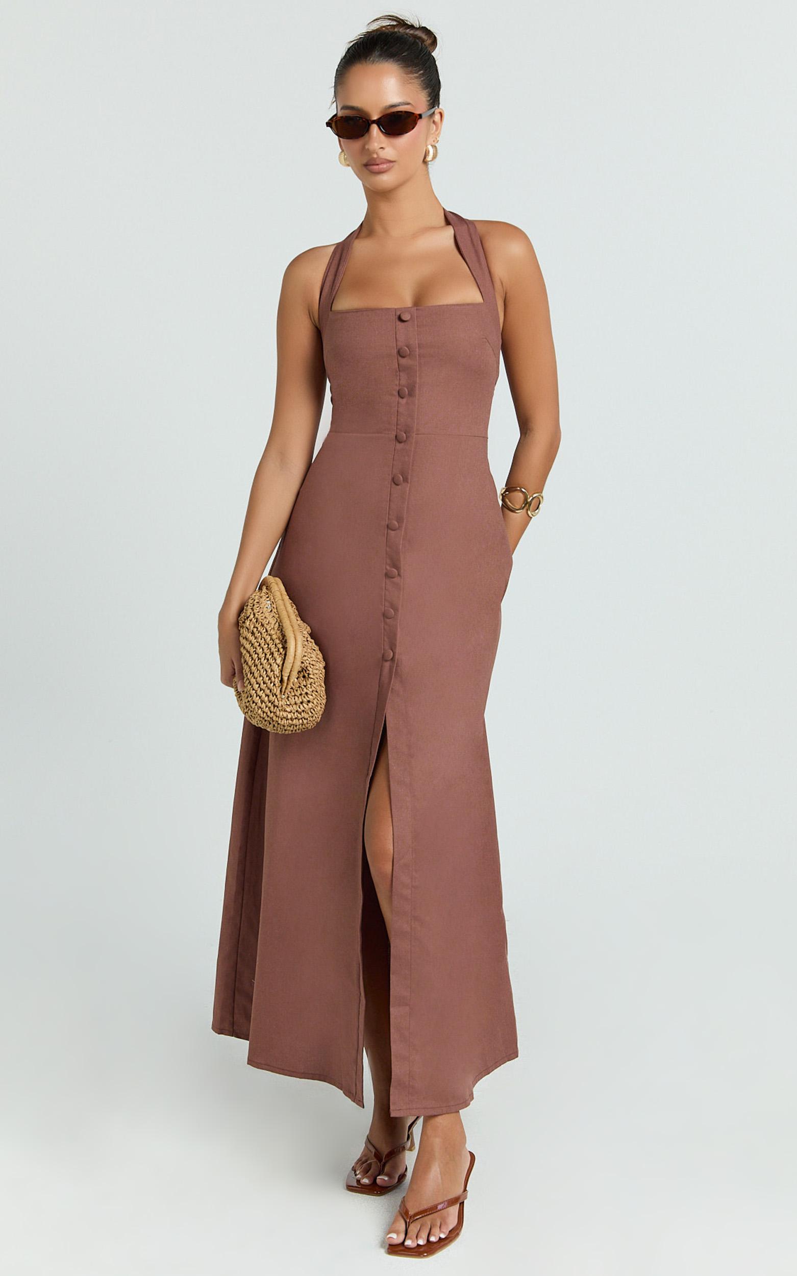 marla midi dress - square neck button front shift dress in chocolate