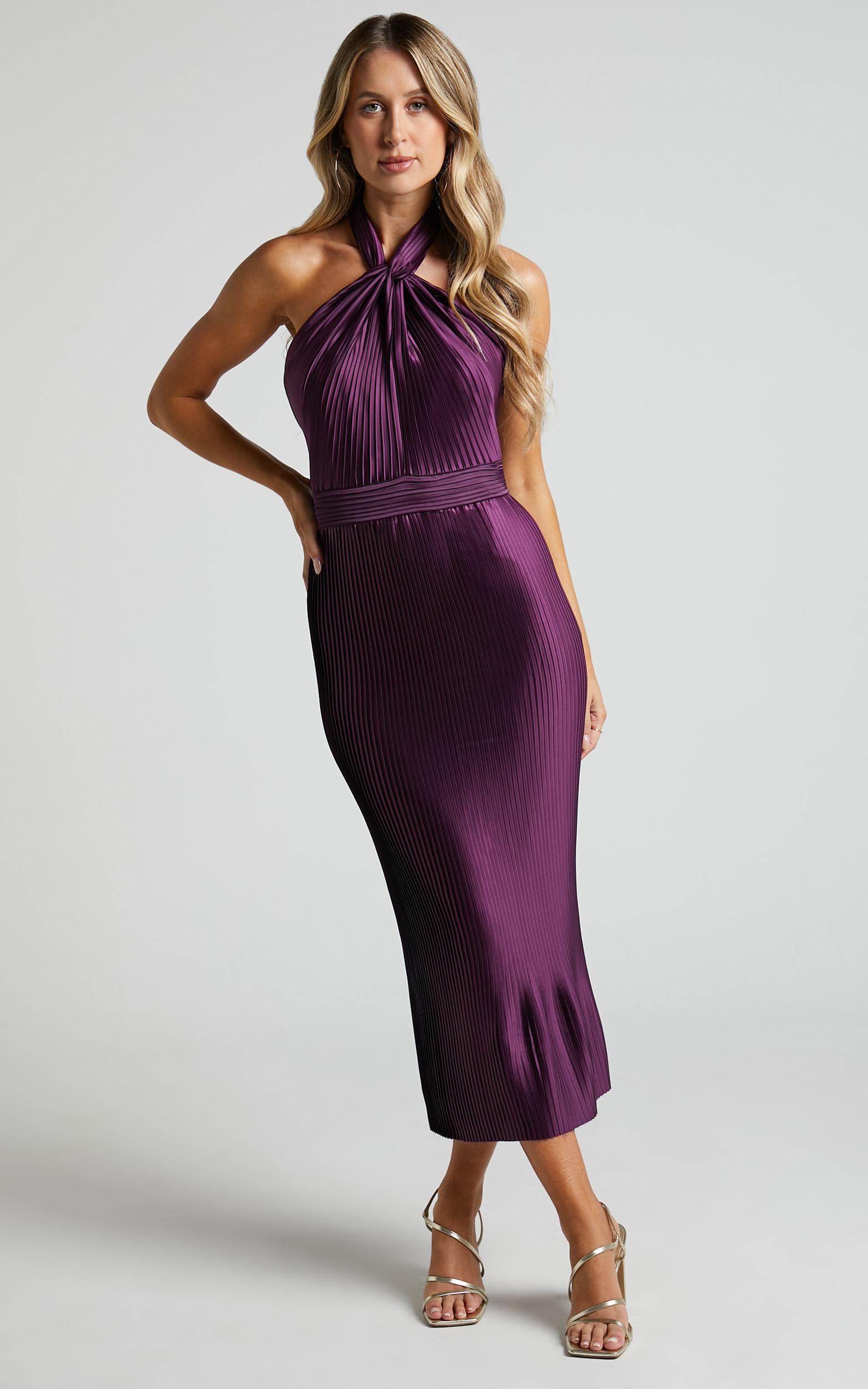 marlette midi dress - pleated open back halter dress in aubergine