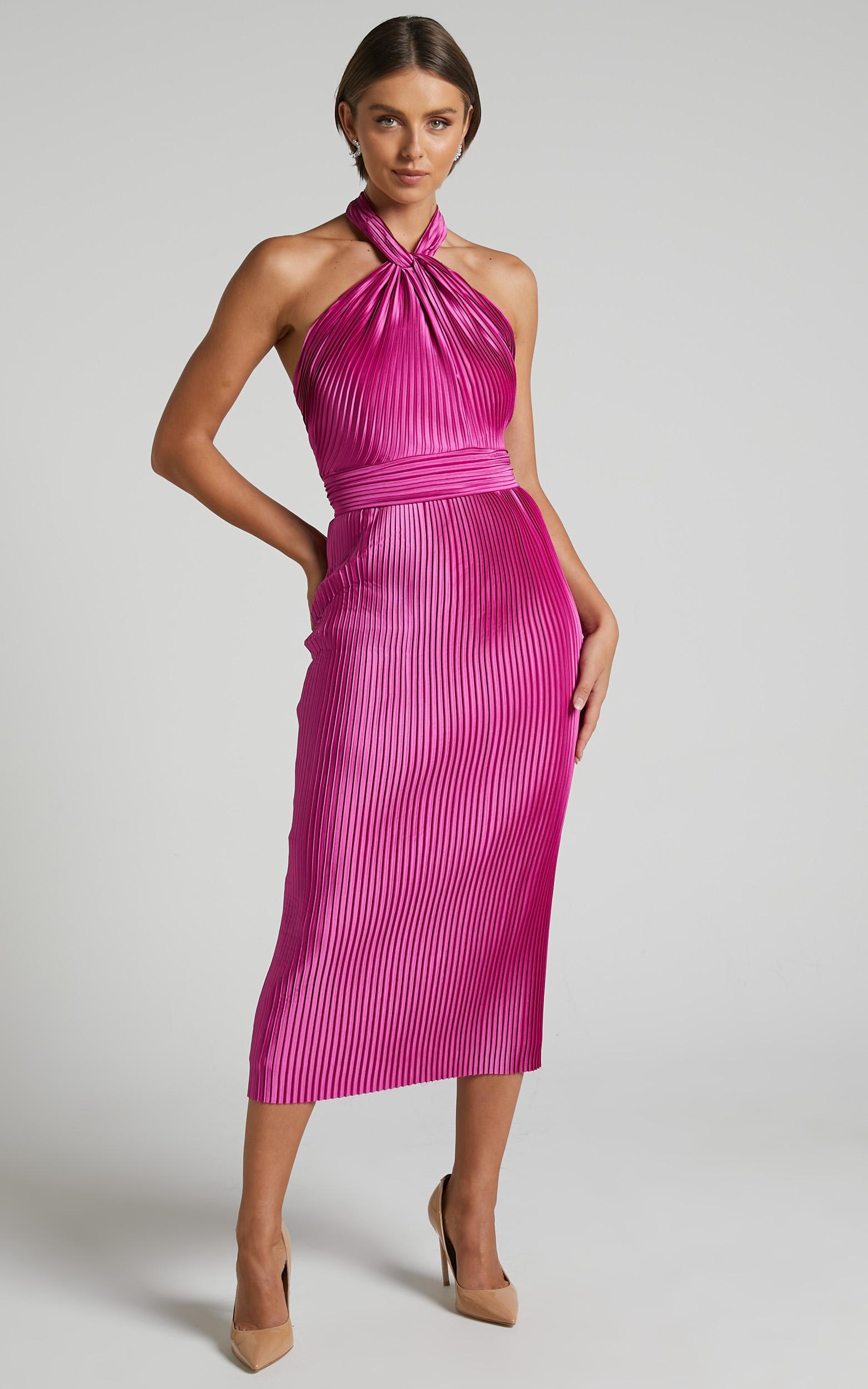 marlette midi dress - pleated open back halter dress in grape