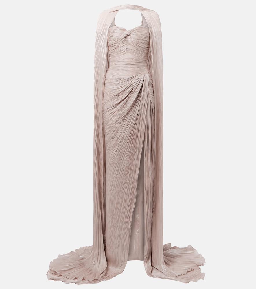 marmar halim caped gathered pleated silk gown
