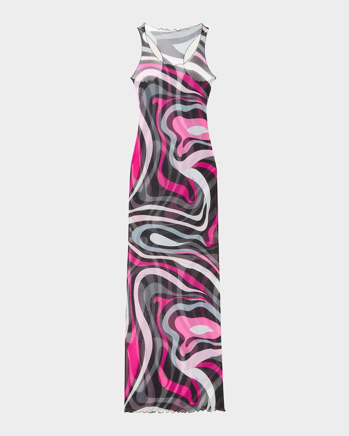 marmo-print mesh sleeveless maxi dress