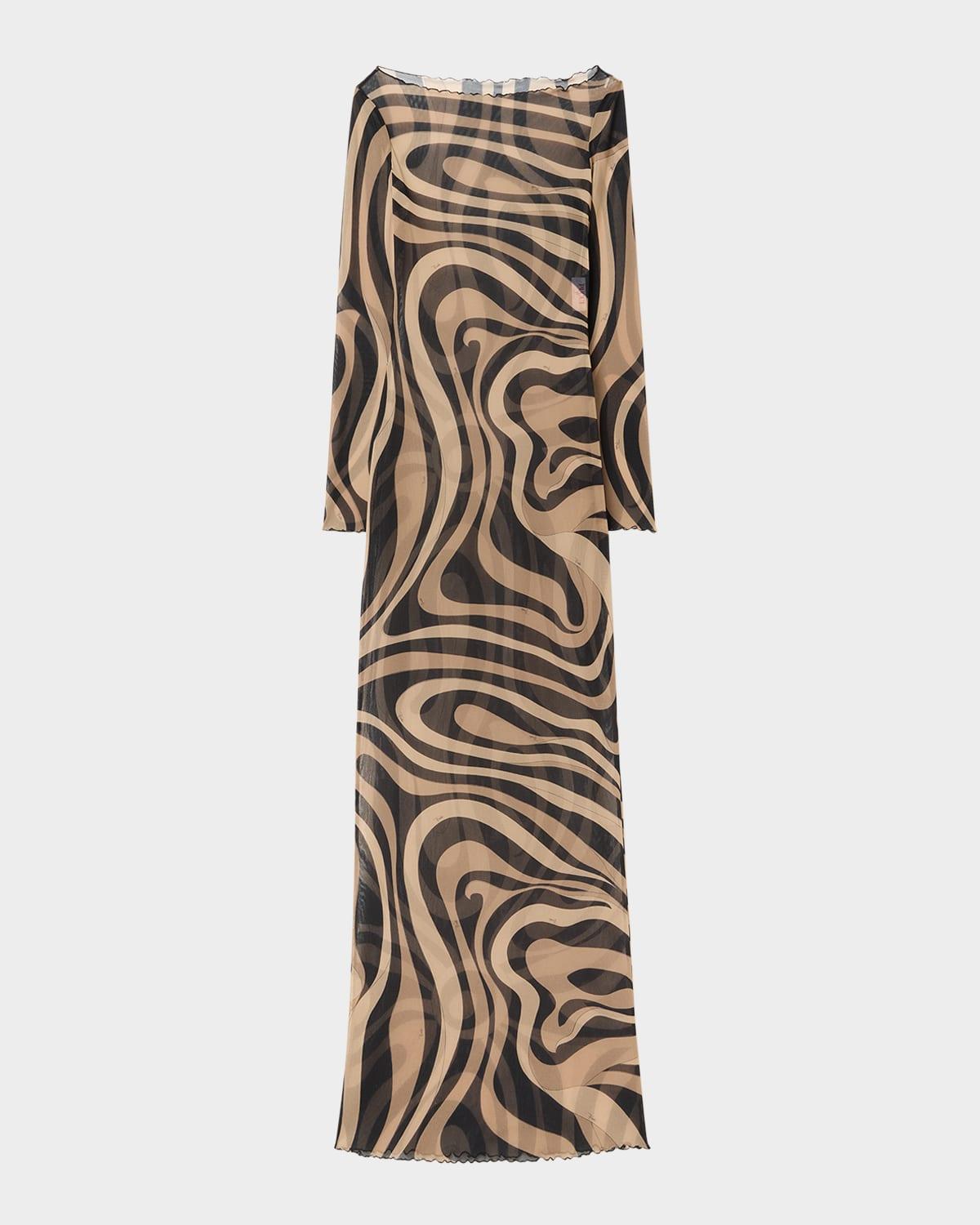 marmo-print sheer mesh long-sleeve maxi dress