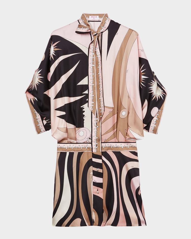 marmo silk neck-tie 3/4-sleeve mini shirtdress