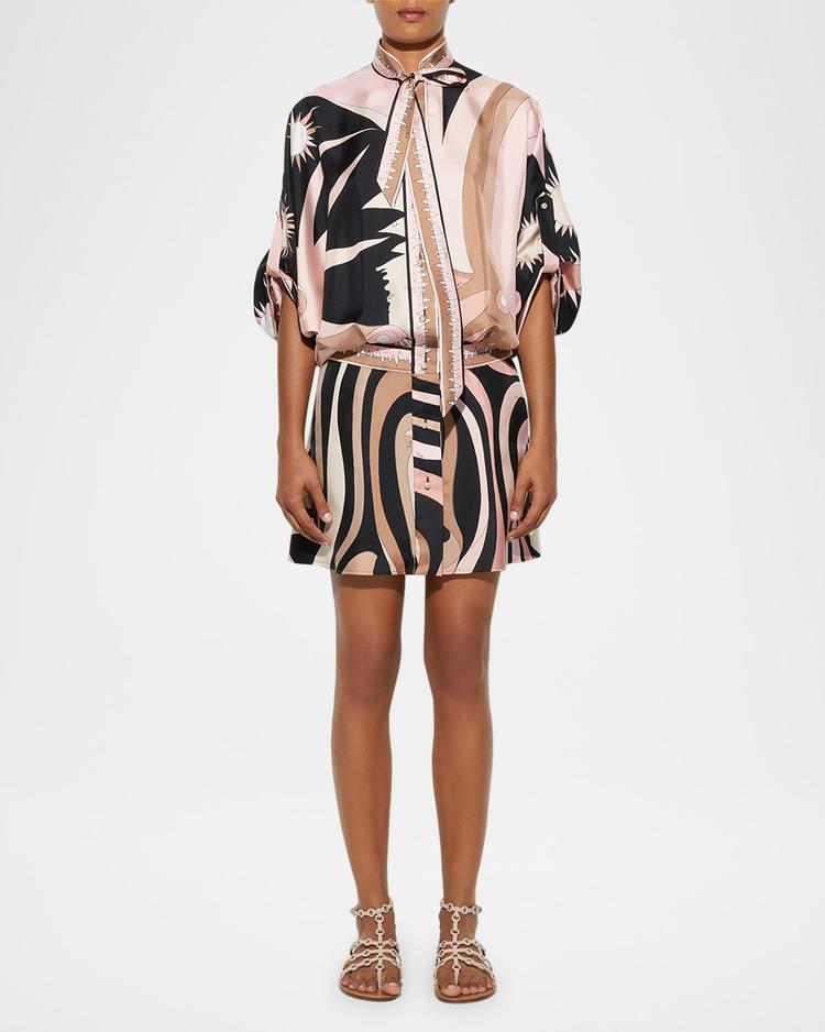 marmo silk neck-tie 3/4-sleeve mini shirtdress