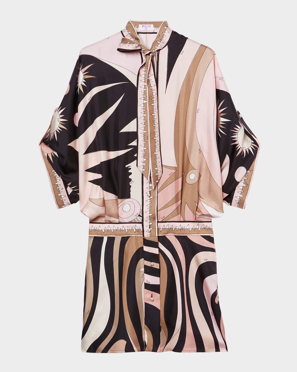 marmo silk neck-tie 3/4-sleeve mini shirtdress