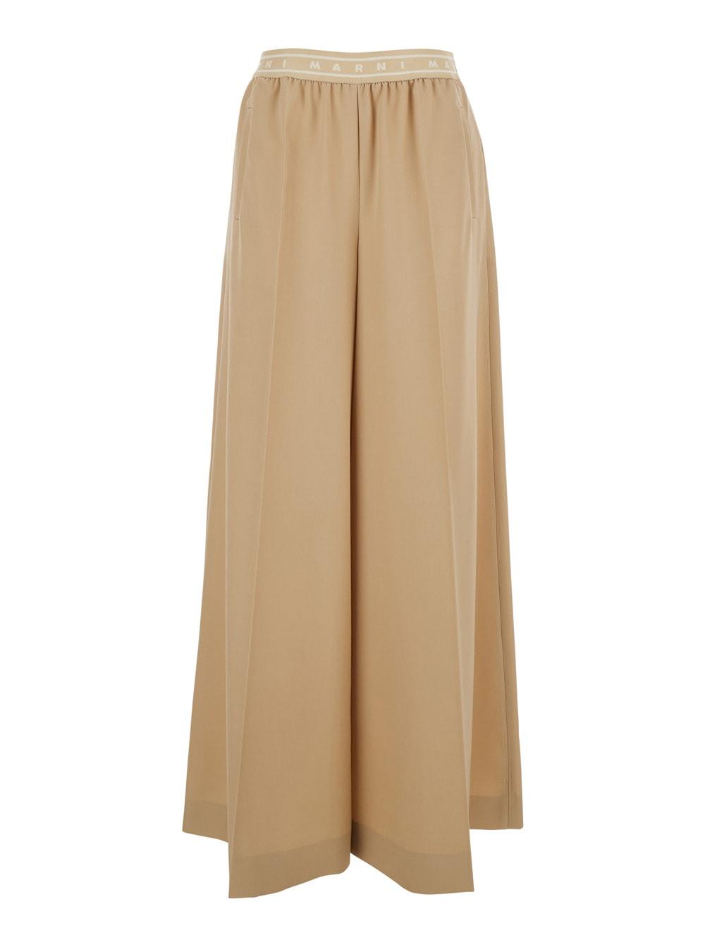 marni beige pants with elastic waist and logo lettering in wool woman