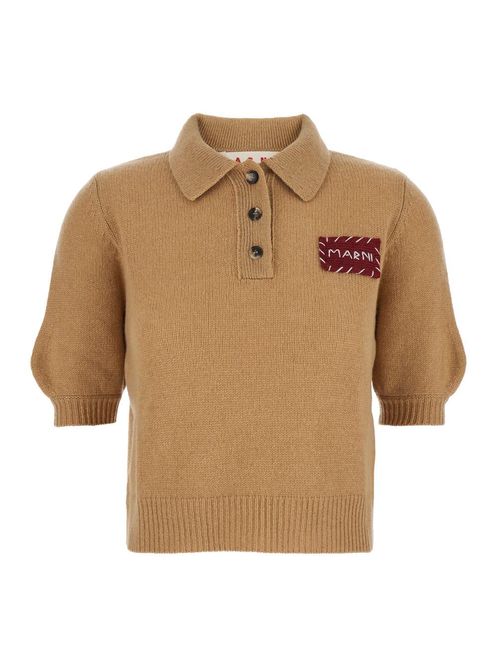 marni beige polo sweater with classic collar and logo patch on the front in cashmere woman