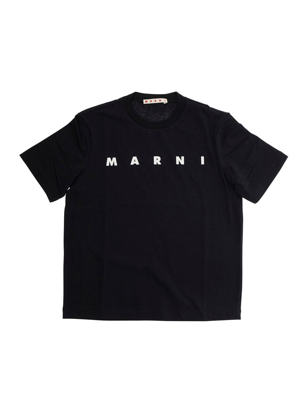 marni black crewneck t-shirt with logo print in cotton girl