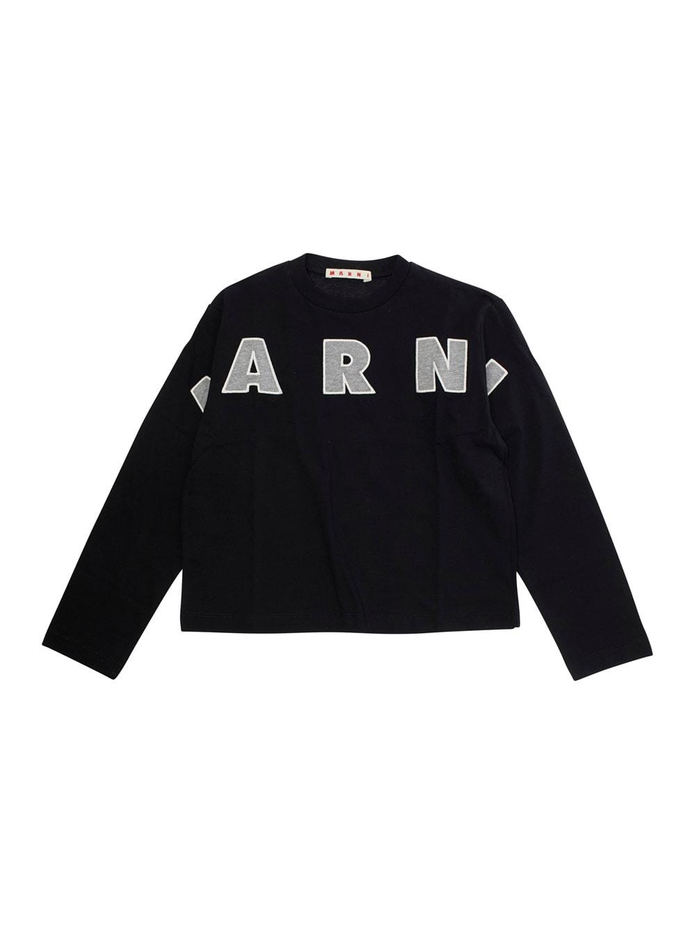 marni black long sleeve t-shirt with front lettering logo in cotton girl