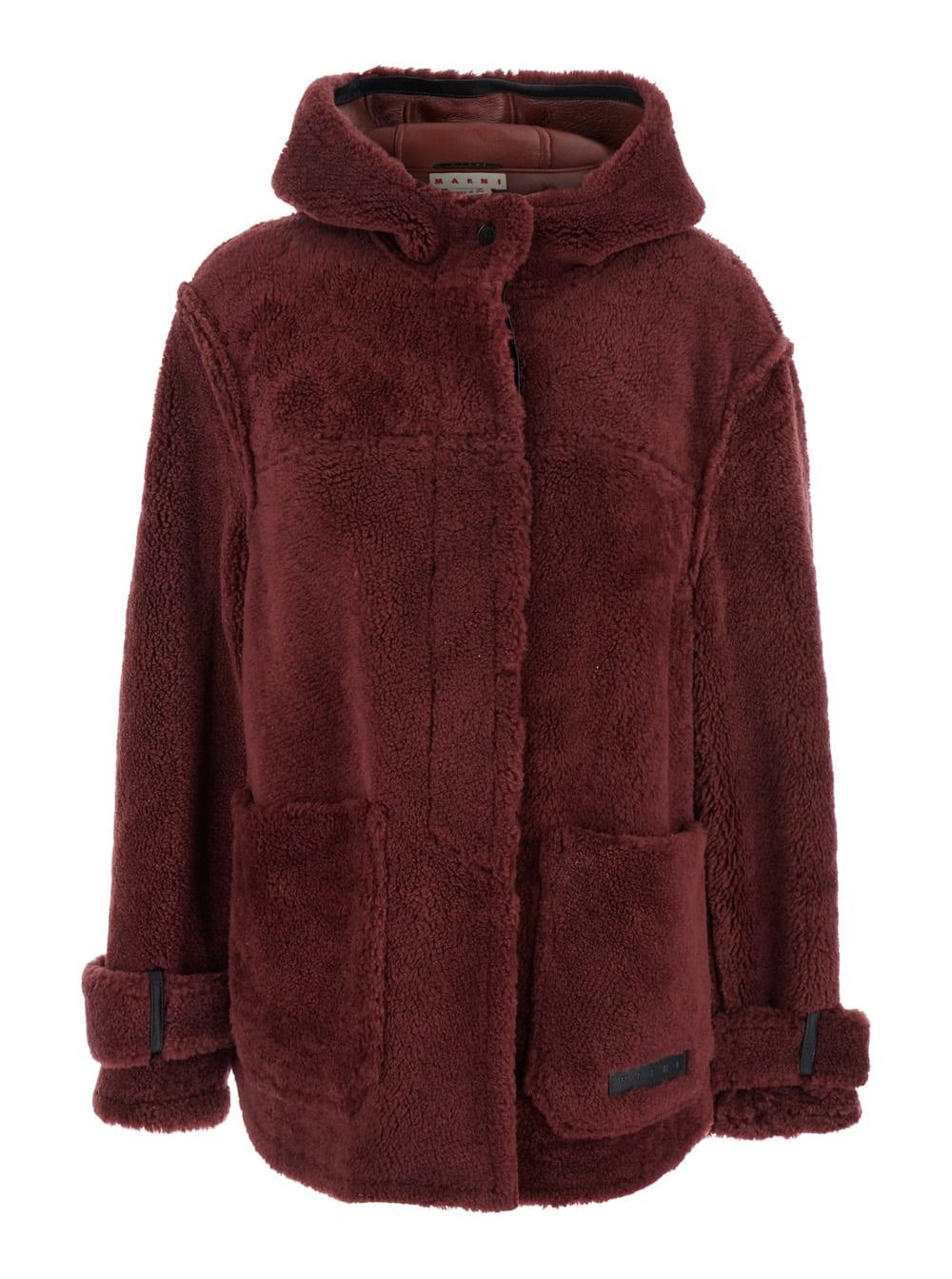 marni bordeaux jacket with hood with buttons and logo patch on the front in fur woman