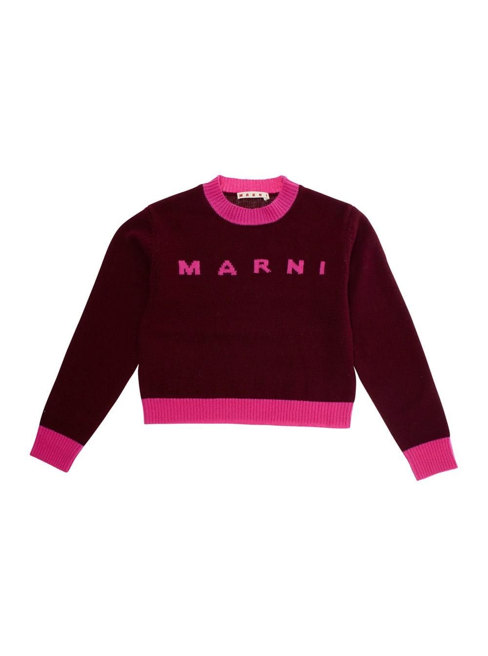 marni fuchsia crewneck sweater with logo lettering on the front and contrasting trims in wool and cashmere woman