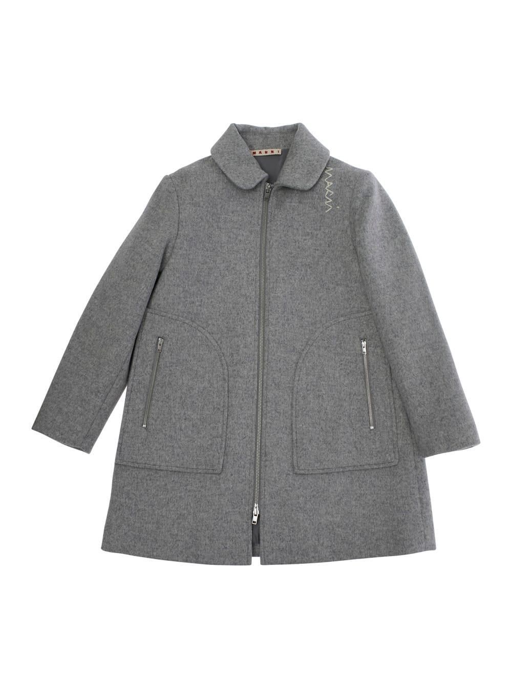 marni grey coat with collar and logo embroidery on the front in wool blend girl