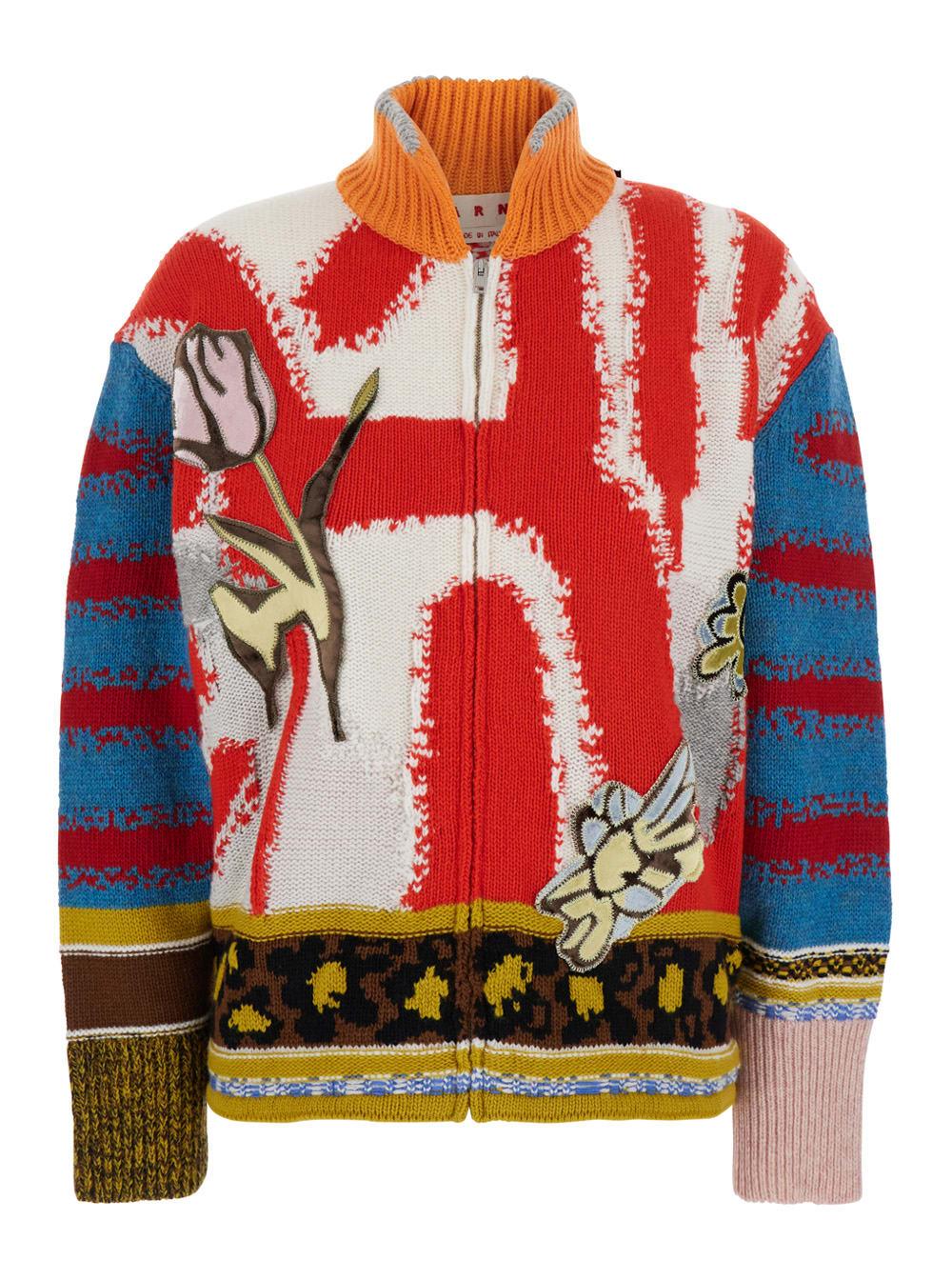 marni multicolor patchwork cardigan with high neck in virgin wool woman