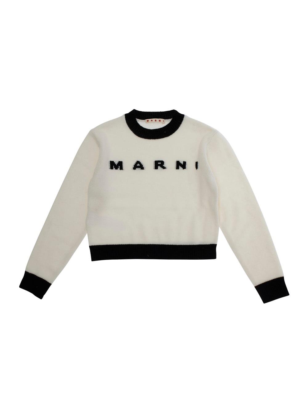 marni white crewneck sweater with logo lettering on the front and contrasting trims in wool and cashmere woman
