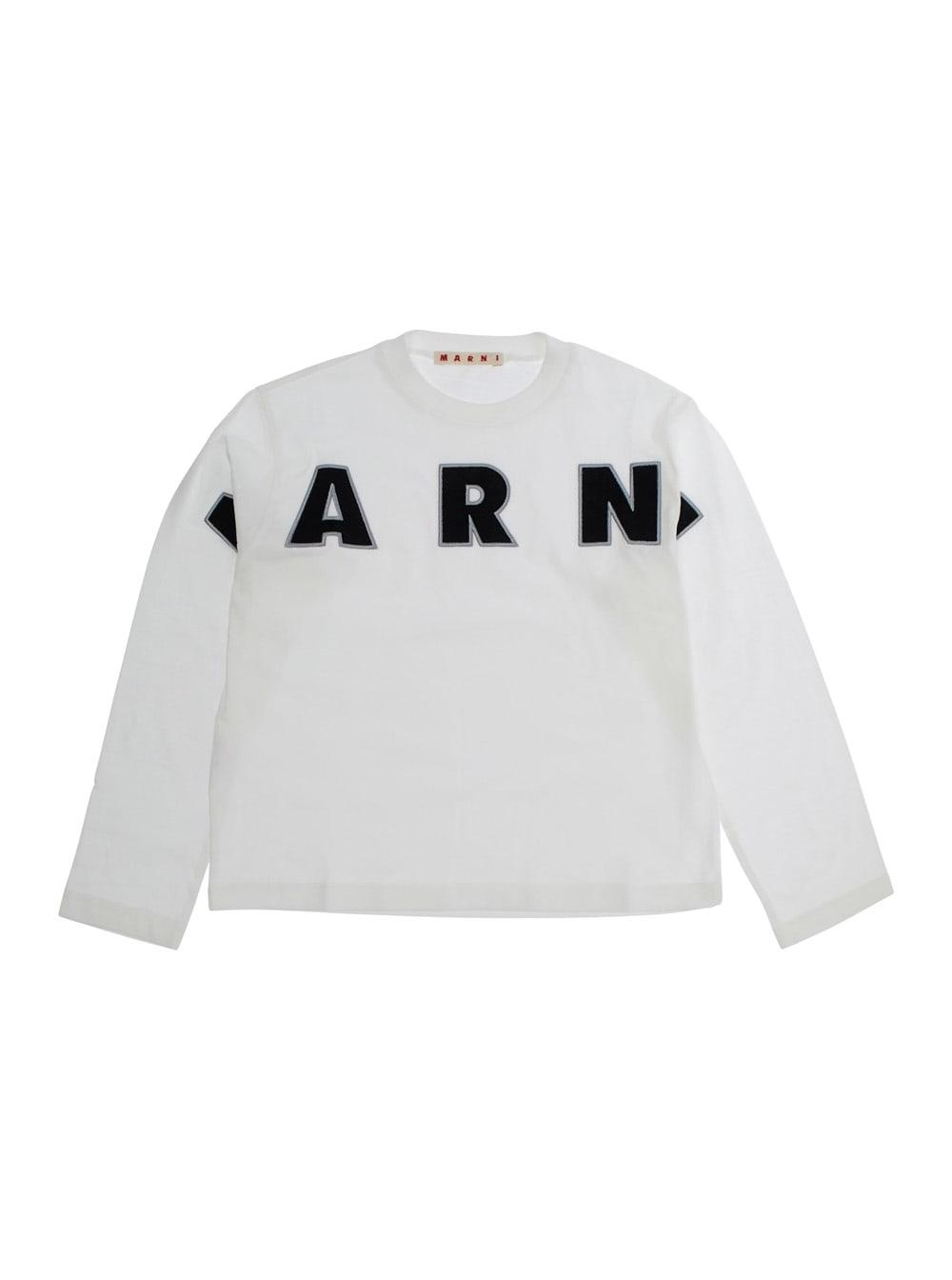 marni white long sleeve t-shirt with front lettering logo in cotton girl