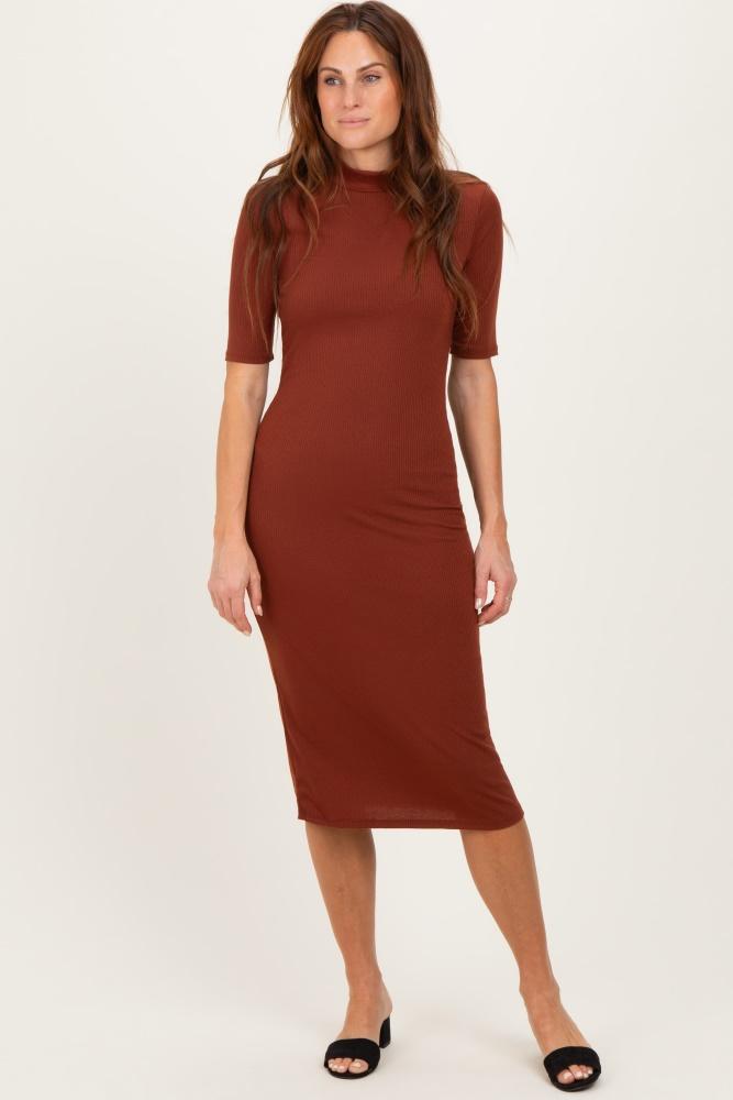 maroon ribbed mock neck midi dress