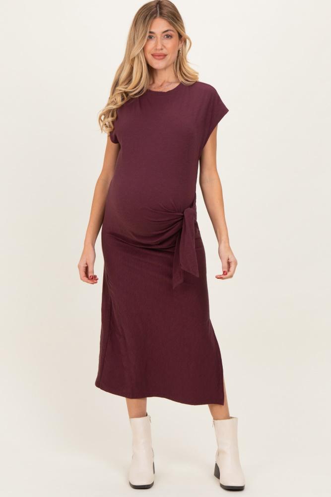 maroon side tie side slit maternity midi dress