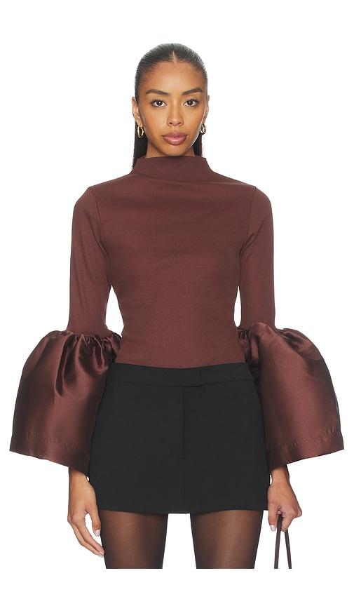 marques ' almeida heavy satin turtleneck puff sleeve top in brown.