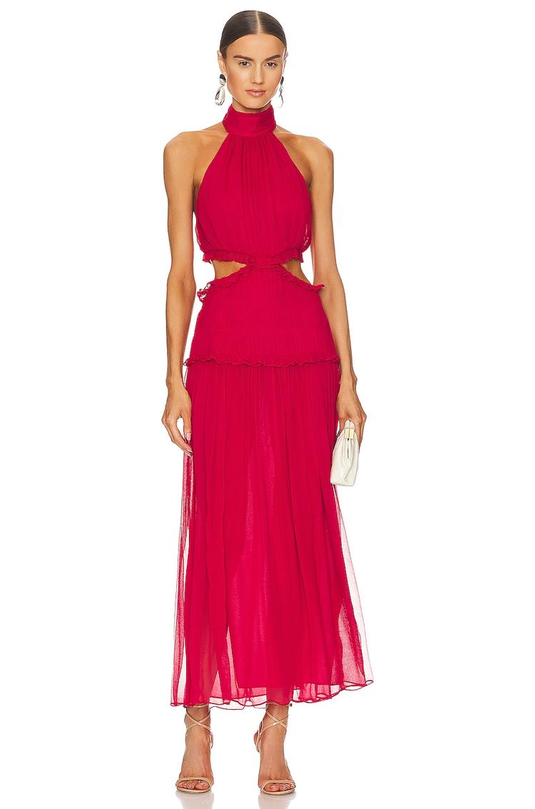 marquis high neck cut out midi dress