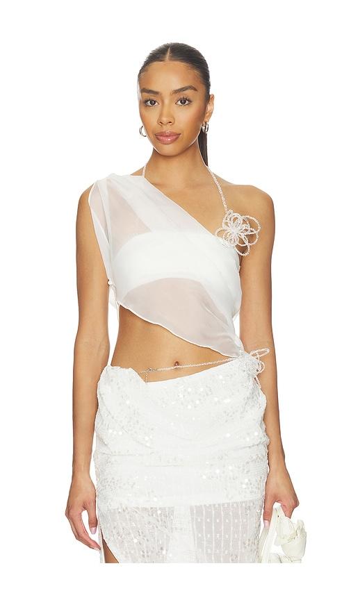 marrknull asymmetric beaded chiffon top in white.