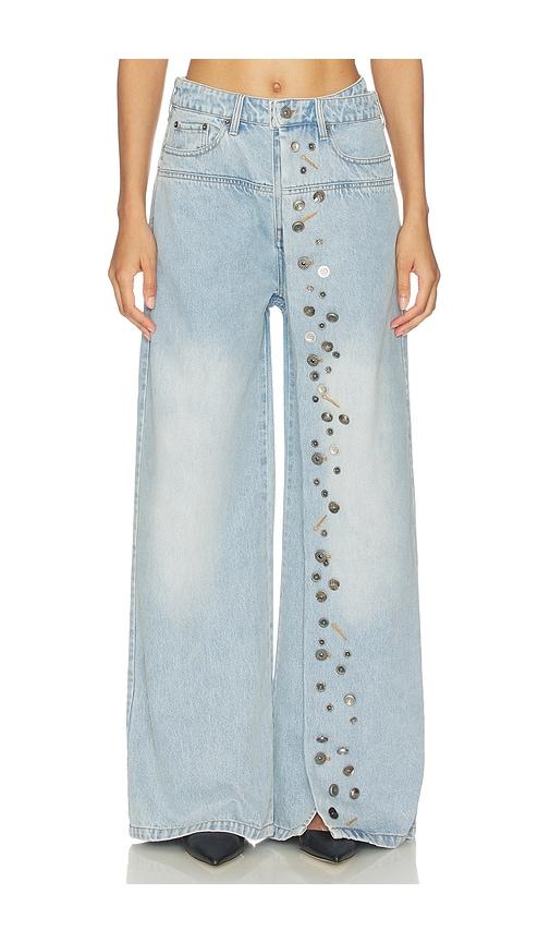 marrknull asymmetrical metal-button jean in blue.
