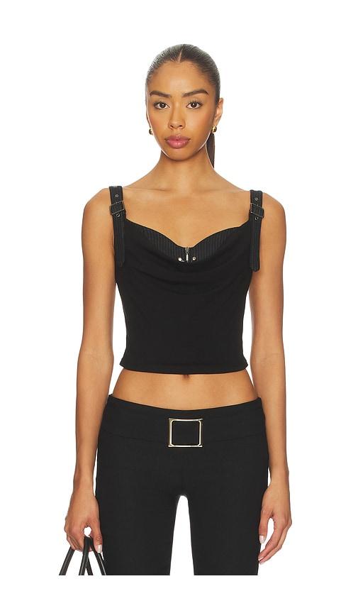 marrknull printed pleated corset top in black.
