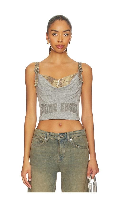 marrknull printed pleated corset top in grey.