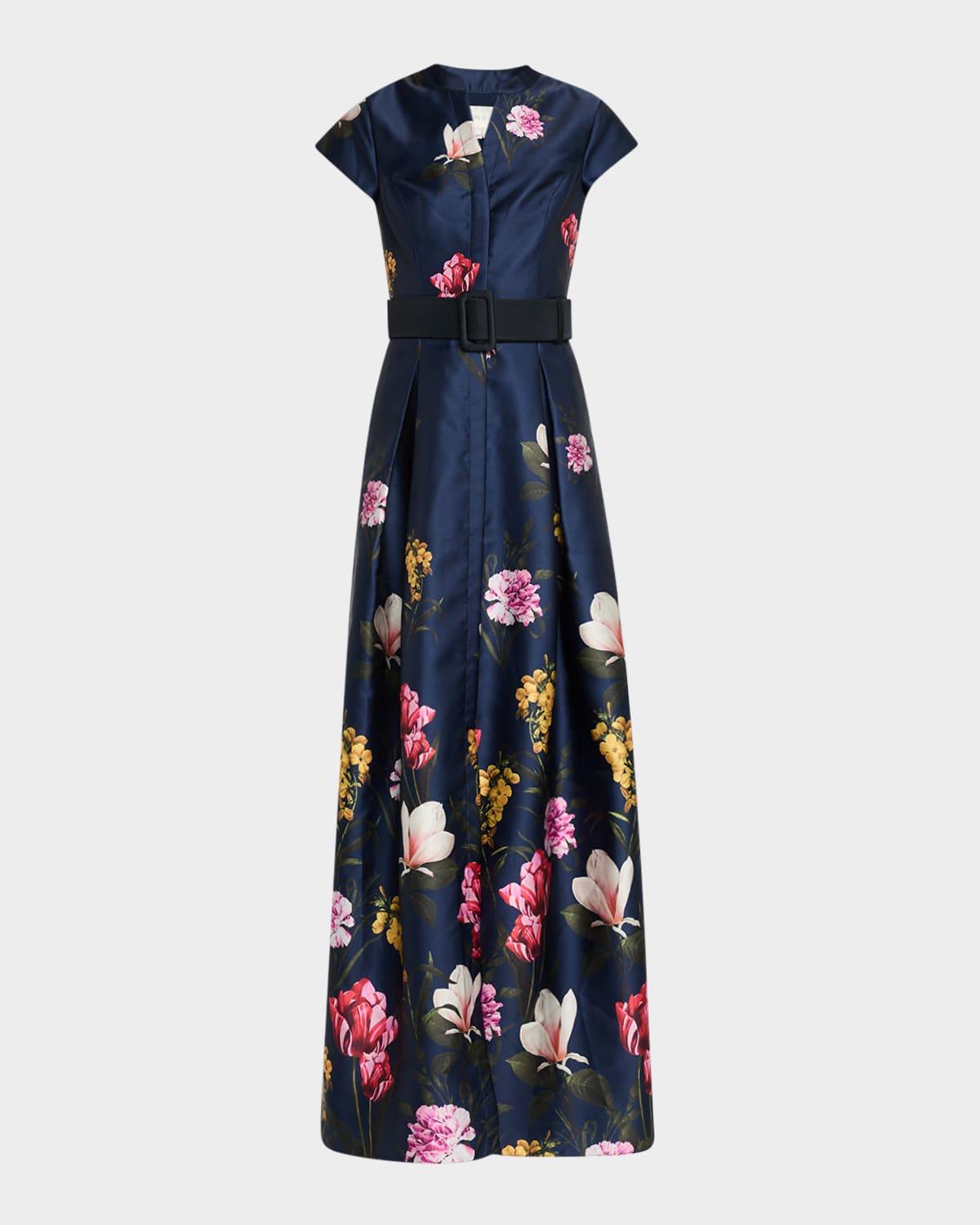 marta belted floral-print mikado gown