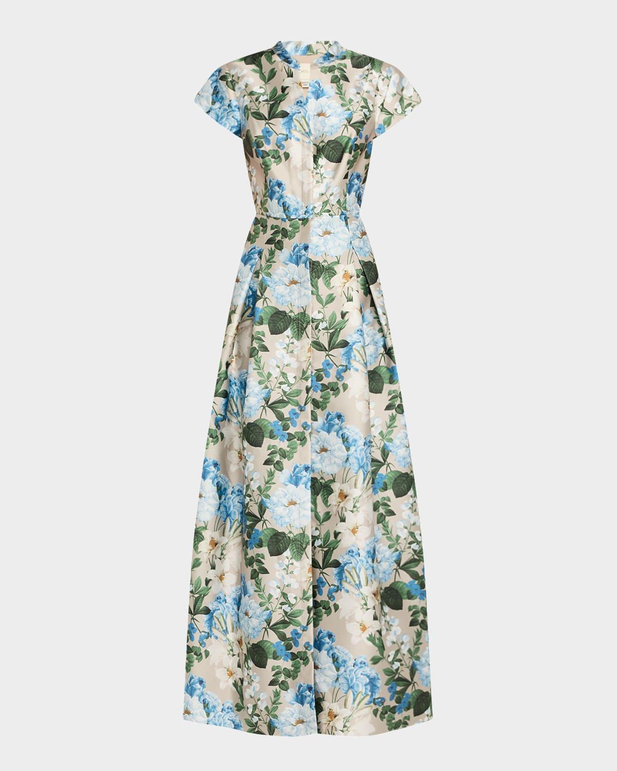 marta pleated floral-print mikado gown