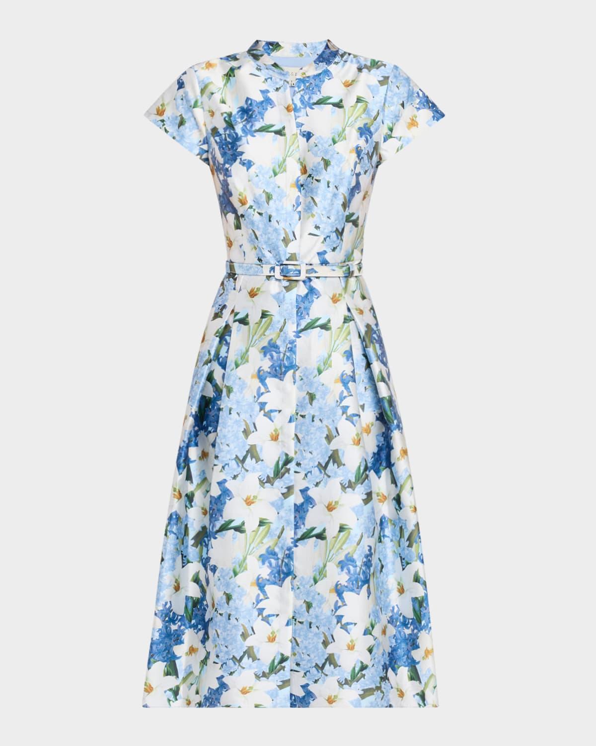 martine pleated floral-print mikado midi dress